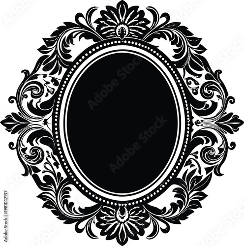 Ornate oval frame, black floral border, decorative illustration, vector design element