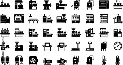 HDPE Equipment Icons. Outline icon set of HDPE processing equipment: extruder, injection mold, conveyor belt, cooling tank,

