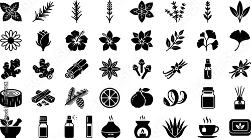 Calming Scents Icons. Outline icon set of calming bedtime scents: lavender, chamomile, sandalwood, eucalyptus,
