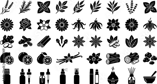 Calming Scents Icons. Outline icon set of calming bedtime scents: lavender, chamomile, sandalwood, eucalyptus,
