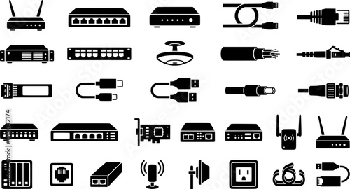 Network Cable Icons. Outline icon set of network and data cables: Ethernet cord, router, switch, modem, fiber
