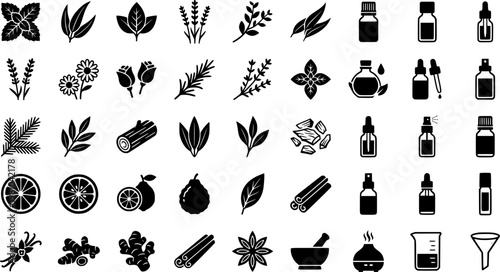 Calming Scents Icons. Outline icon set of calming bedtime scents: lavender, chamomile, sandalwood, eucalyptus,
