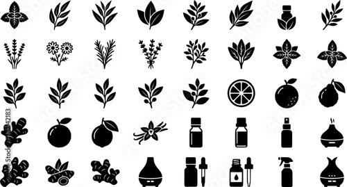 Calming Scents Icons. Outline icon set of calming bedtime scents: lavender, chamomile, sandalwood, eucalyptus,
