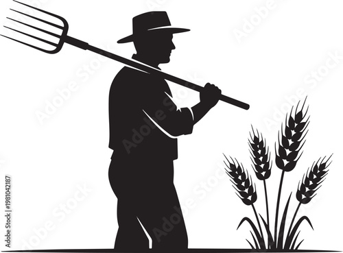 Silhouette of farmer wearing hat holding pitchfork over shoulder standing next to wheat stalks representing agriculture and rural farming lifestyle