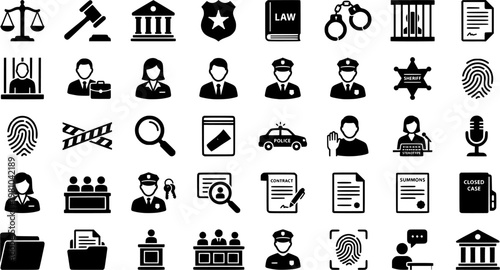 Court Elements Doodle. Hand-drawn doodle illustration Criminal court scene handcuffs, gavel, law book, police badge, court bench, witness icon, defense lawyer,