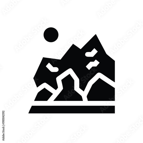 Vector silhouette of rugged mountain ranges and a glowing sun, evoking the rhythmic grandeur of wilderness