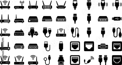 Network Cable Icons. Outline icon set of network and data cables: Ethernet cord, router, switch, modem, fiber
