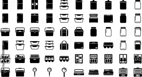 Home appliance outline icons set – essential household gadget symbols for modern kitchen and living: refrigerator, wine cooler, chest freezer, dehydrator, jar, bread box.