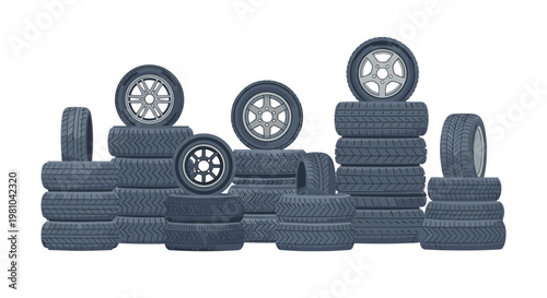Numerous stacks of black rubber automotive tires with intricate tread patterns and metallic silver rims are organized neatly across a plain white studio setting.