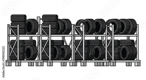 Industrial metal shelving units hold rows of black automotive tires depicted in a clean graphic outline style against a neutral and bright white background.