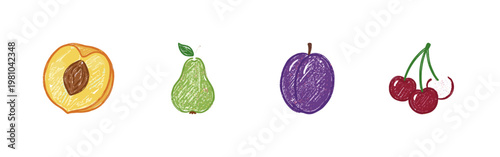 Fresh Garden Fruits and Orchard Harvest Elements with Colorful Crayony Pencil Texture and Organic Textures