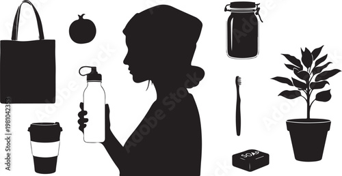 Black silhouette woman holding reusable water bottle surrounded by eco friendly