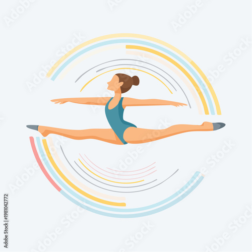 Graceful female athlete demonstrating incredible flexibility with a powerful aerial split amidst abstract motion aesthetics
