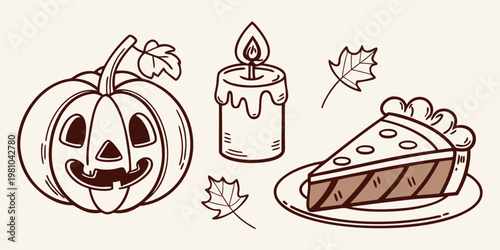 A halloween and autumn themed illustration with a pumpkin candle and cake
