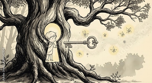 A child standing in the hollow of a tree holding a large key surrounded by fireflies and foliage in a whimsical forest scene with a sepia tone
