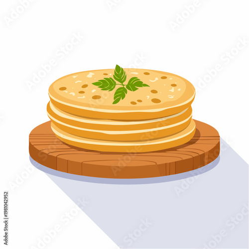 Golden Stacked Pancakes or Flatbreads with Fresh Herb Garnish on Wooden Board, Ideal Breakfast or Meal Visual