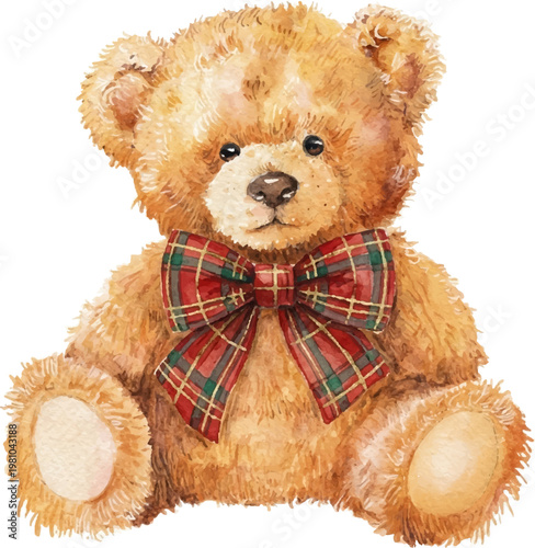 A cuddly fluffy Teddy Bear with a red plaid bow. Watercolor illustration.