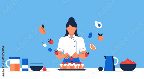 Female Pastry Chef Decorating a Fresh Strawberry Fruit Tart