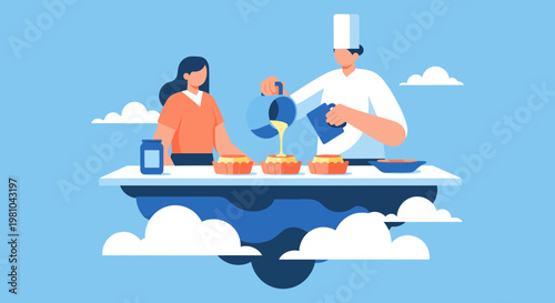 Chef and Woman Cooking Pastries on a Floating Platform in the Clouds