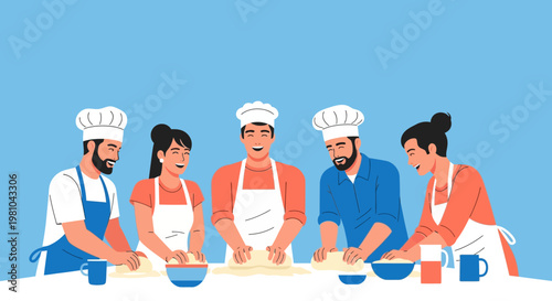 Diverse Group of Happy Chefs Kneading Dough Together