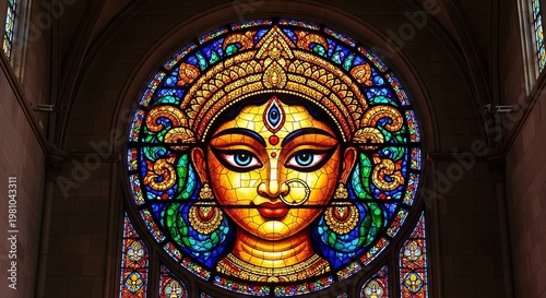 Vibrant stained glass window depicting a womans face with ornate gold jewelry and colorful designs in a church setting with blue eyes