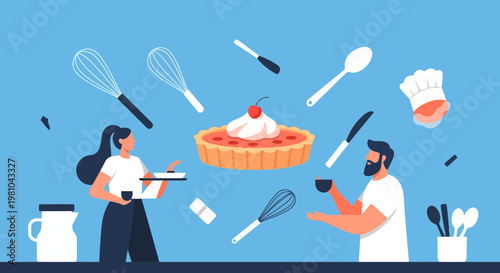 Whimsical Magic Kitchen Illustration of Couple Baking a Cherry Pie