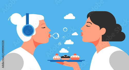 Flat Vector Illustration of Two Women with Pastries and Bubble Gum
