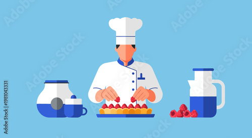 Flat vector illustration of a pastry chef decorating a berry tart
