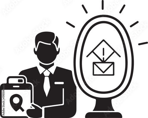 Businessman holding briefcase with magnifying glass and standing next to monitor with email