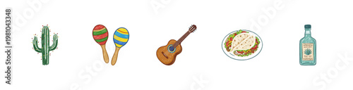 Mexican Cuisine and Cultural Celebration Elements with Colorful Crayony Pencil Texture and Traditional Artistic Fluidity