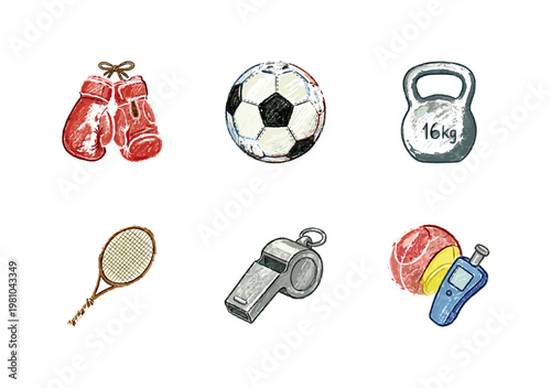Fitness and Athletic Equipment Graphic Elements with Colorful Crayony Pencil Texture and Loose Freehand Aesthetic