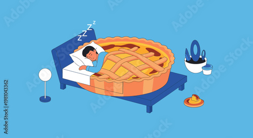 Surreal illustration of a man sleeping in a giant fruit tart bed