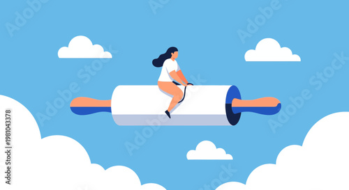 Woman flying on a giant rolling pin through the clouds