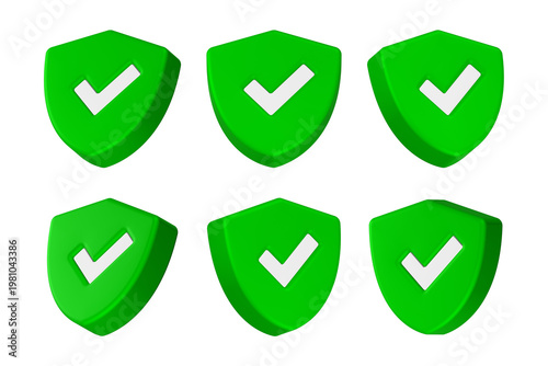 Free Download 3D green shield icons, each featuring a white checkmark, commonly used to represent security, protection, and successful verification.  - GFXLoad