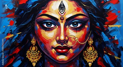 Vibrant painting of a woman with colorful abstract background and gold jewelry