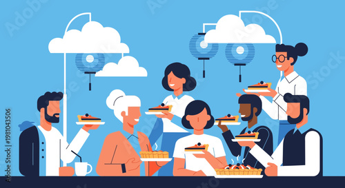 Diverse group of friends enjoying a tart party together flat style
