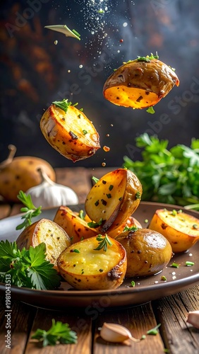 A plate of roasted potatoes and herbs on a wooden table