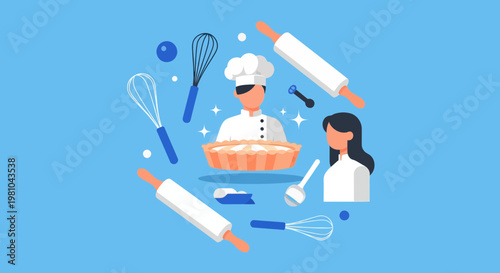 Male and Female Chefs with Baking Tools and Pie Vector Illustration