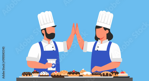 Two chefs giving high five over table of pastries for team success