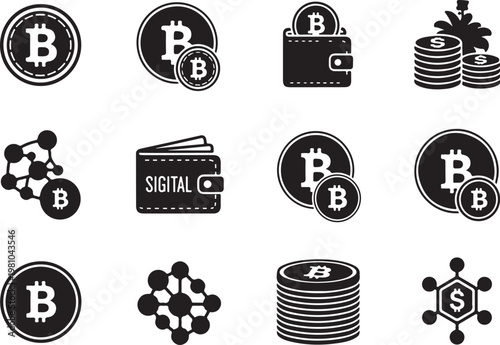 Bitcoin cryptocurrency and symbols in black and white coins