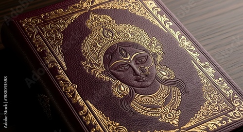Closeup of a luxurious leatherbound book with gold embossed hindu goddess