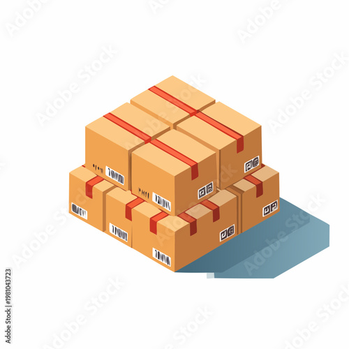 Stacked brown cardboard parcels with red ribbons, an isometric concept of efficient global delivery and organized e-commerce logistics