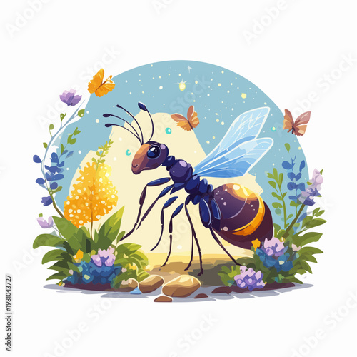 An ant with wings and butterflies flutter amongst flowers and plants in nature