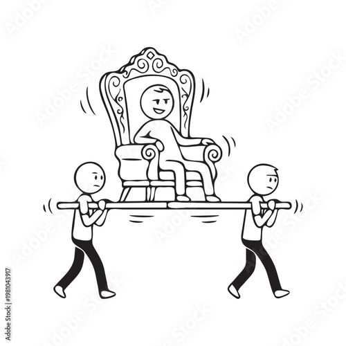 Stick figure drawing of two workers carrying a happy boss sitting on a throne, business concept of corporate hierarchy, inequality, and bad leadership
