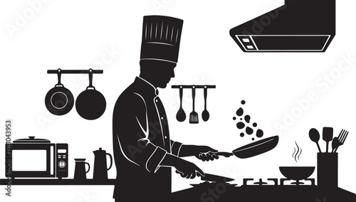 Chef cooking in kitchen with utensils and appliances
