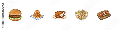 Pub Food and Draft Beer Assortment with Crayon Crayon Pencil Texture and Detailed Inky Hatching