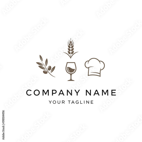 Wine Glass Olive Wheat Chef Hat Logo.