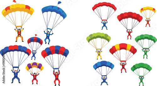 Colorful Paragliding and Skydiving Vector Illustration Set Featuring People Gliding with Parachutes for Extreme Sports Adventure Travel and Outdoor Leisure Activity Designs