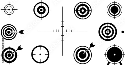 Target and aim icon set, crosshair, bullseye vector, precision, accuracy, and focus icon for aiming, archery, shooting, or navigation
