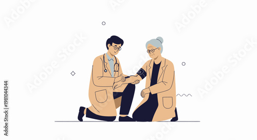 Doctor checking elderly patient's blood pressure, medical check-up illustration